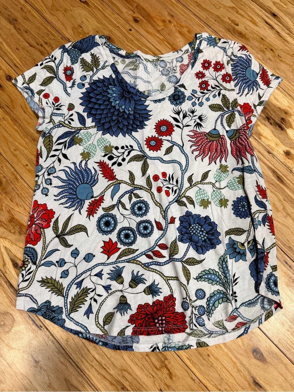 LOFT White Short Sleeve Tee with Blue, Red & Green Floral Print